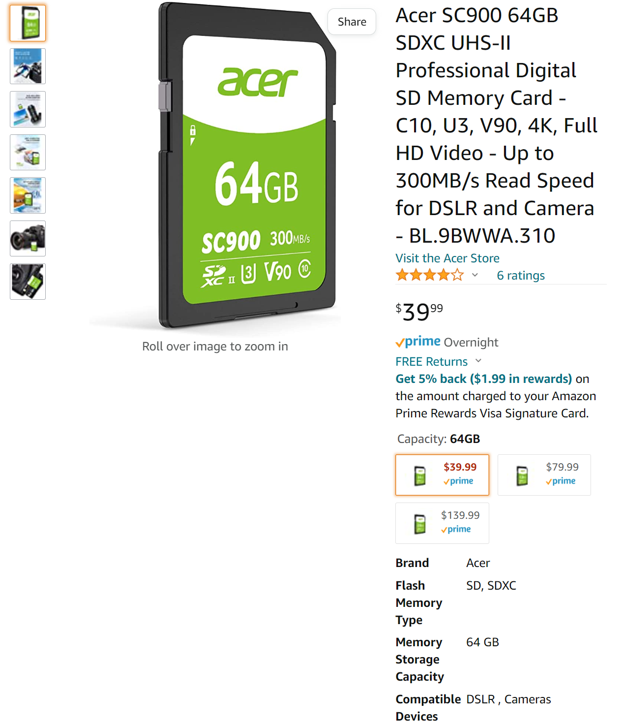 Acer SC900 64GB SDXC UHS-II Professional Digital SD Memory Card - C10, U3, V90, 4K, Full HD Video - Up to 300MB/s Read Speed for DSLR and Camera - BL.9BWWA.310 $39.99
