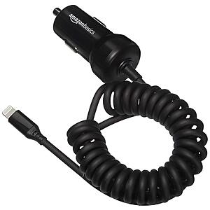 1.5' Amazon Basics 12W (5V, 2.4A) Fast Car Charger with Coiled Lightning Cable, MFi Certified for iPhone, iPad