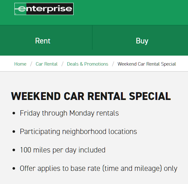 Enterprise 3 DAY WEEKEND CAR RENTALS  returns:..Starting at  about $39