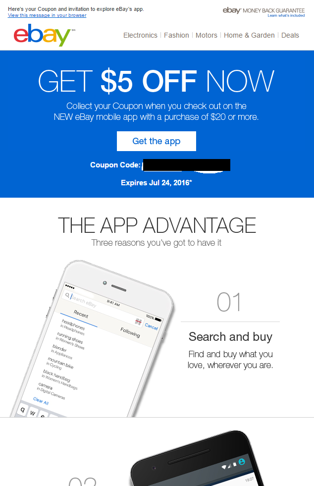 eBay $5 off $20 using mobile app: targeted coupon ...