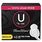U by Kotex CleanWear Ultra Thin Feminine Pads with Wings, Regular Absorbency, 46 Count $3.75 + FS w/ Prime