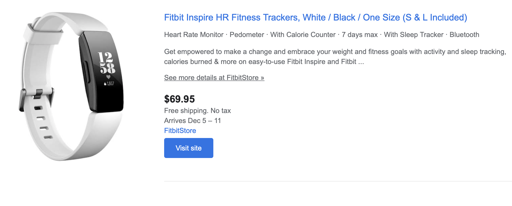 Fitbit inspire HR for 69.99 + free shipping + no tax -- Google shopping [fitbit store] $69.99