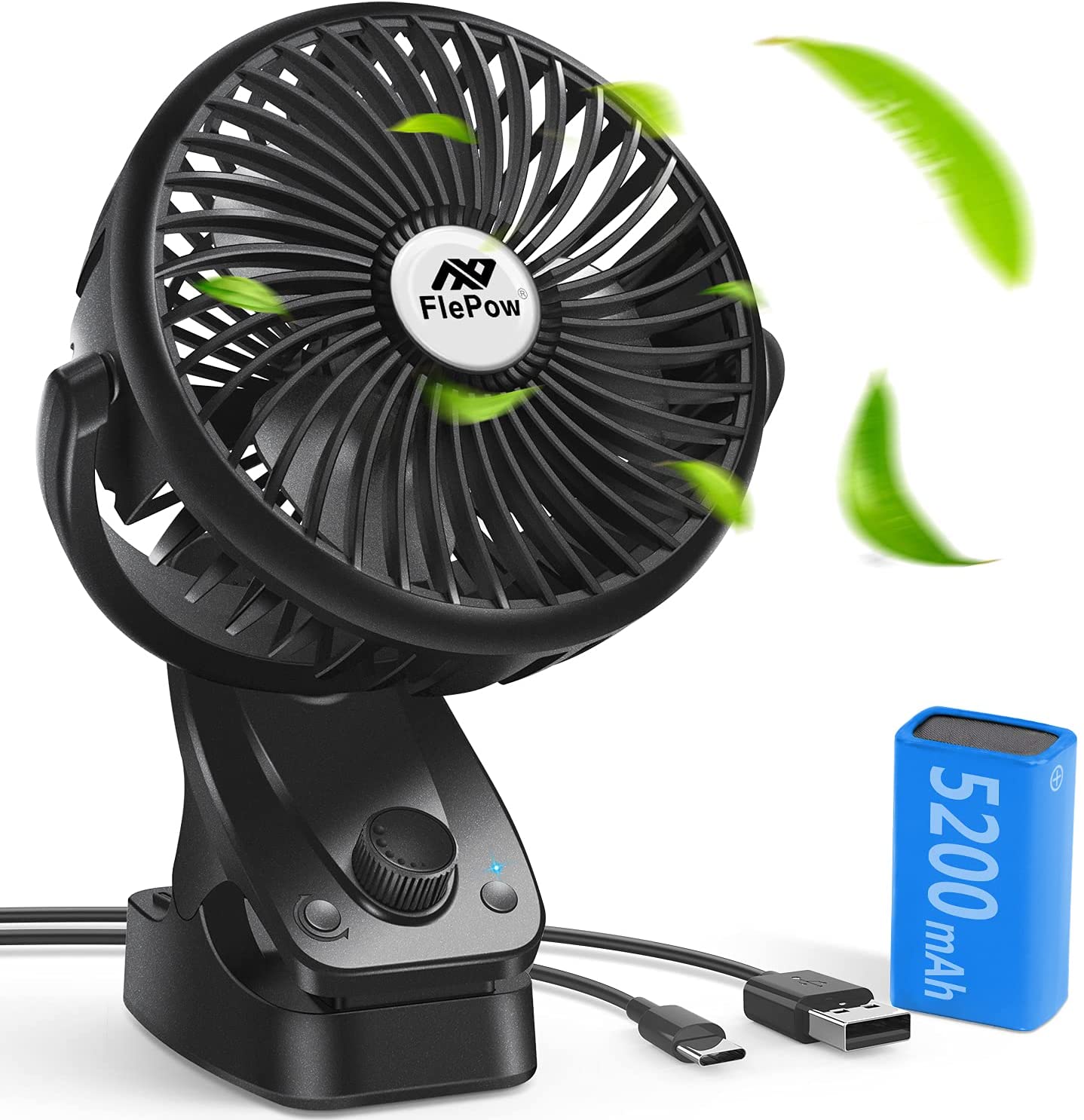 Portable Fan Rechargeable Battery Mini Oscillating Clip On black Desk/ Stroller 