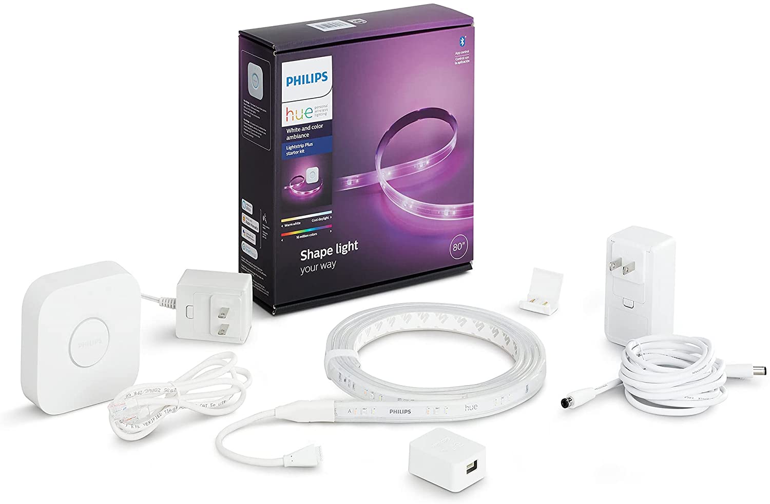Philips Hue Lightstrip Starter Kit (80" Light Strip, Base Plug, Hue Hub) $60 + free s/h at Amazon