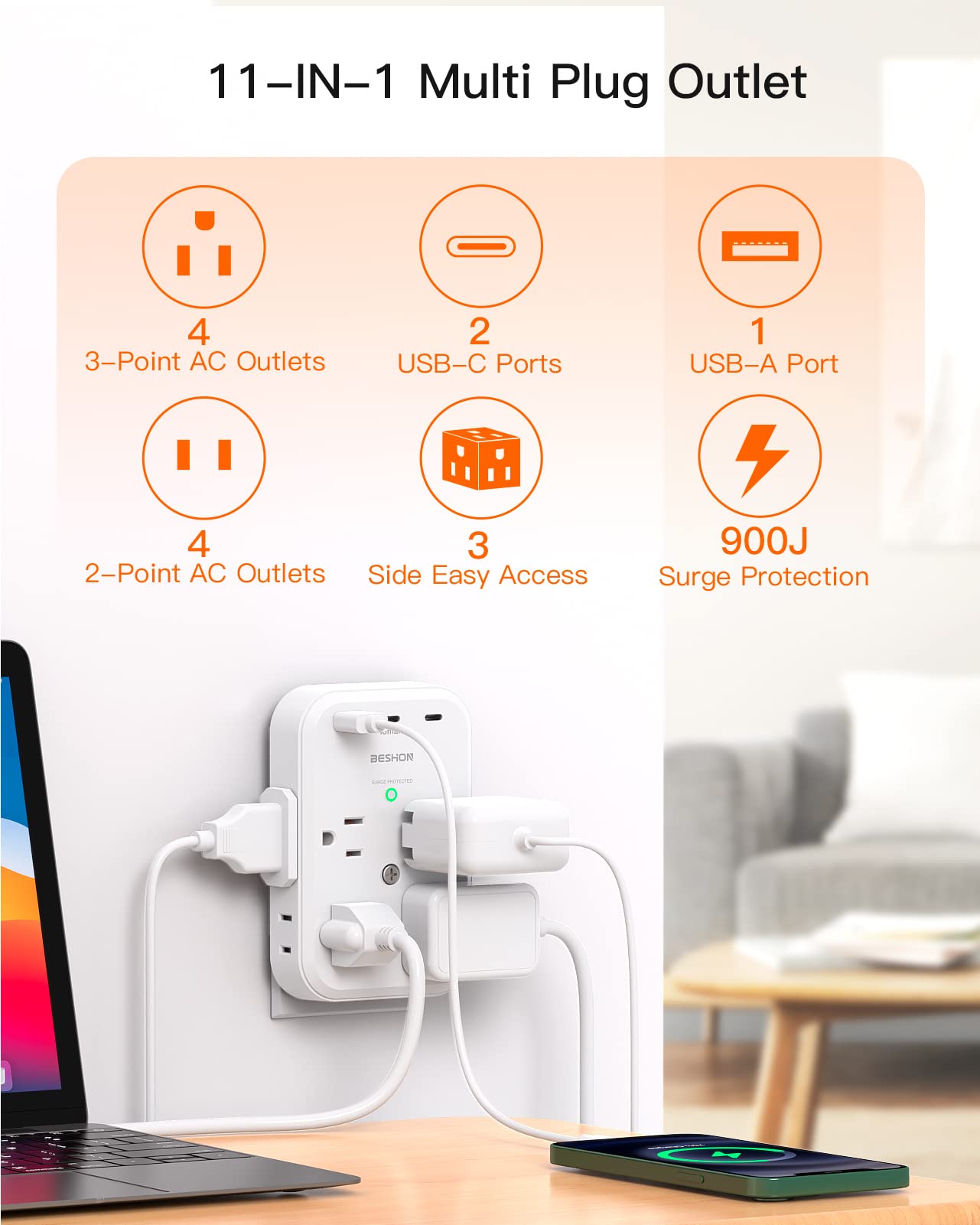 BESHON 8 Outlet + 3 USB (2 USB-C) Outlet Extender / Surge Protector $9 at Amazon
