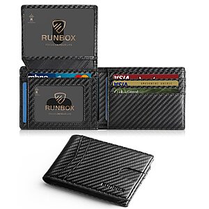 RUNBOX Men's Slim RFID Wallet w/ 2 ID Window (Carbon Black) $5
