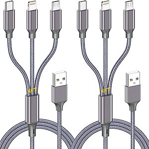 2-Pk 4' HaoKanDe 3-in-1 USB to Micro B / Type C / Lightning Charging Cables $4 