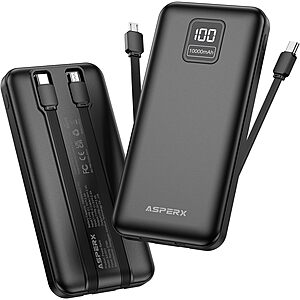 2-Pack AsperX 10000mAh USB-C Charger w/ Integrated Cables + Free S/H