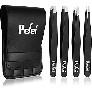 4-Piece Pefei Stainless Steel Tweezers Set w/ Holster $4 