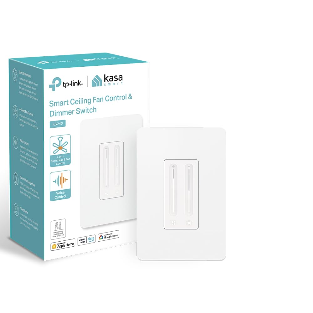 Kasa Smart Ceiling Fan Control & Dimmer Switch Adjustable 4-Speed Fan & Brightness Control Apple HomeKit, Alexa & Google Home 2.4G Wi-Fi Only, Single Pole, Neutral Wire Req $44.99