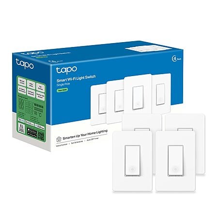 TP-Link Tapo Smart Light Switch, Single Pole, Neutral Wire Required, 2.4GHz Wi-Fi Light Switch Compatible with Alexa and Google Home, UL Certified, Tapo S500(4-Pack) -$30.34