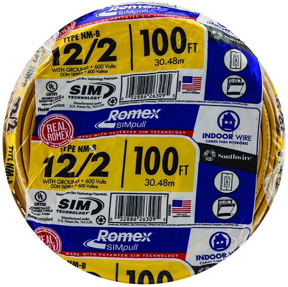 Southwire 28828228 100' 12/2 with ground Romex brand SIMpull residential indoor electricial wire type NM-B; Yellow - $89.41 Amazon Prime FS