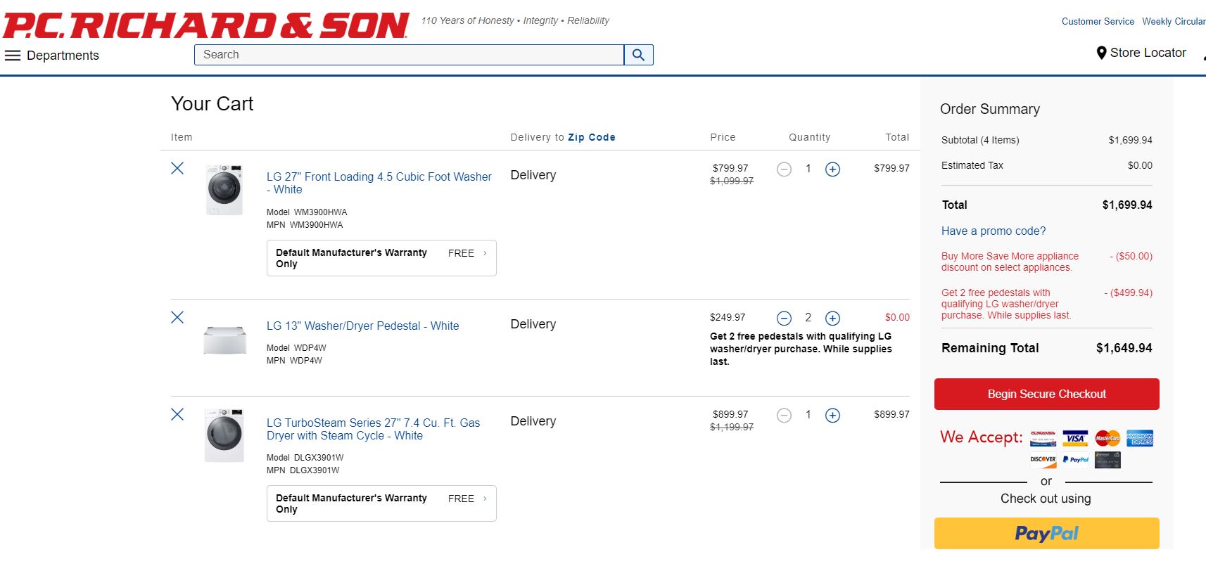 PC Richard &amp; Son has LG Washer/Dryer combos with FREE pedestals: WM3900HWA washer, DLGX3901W dryer and 2 WDP4W pedestals $1649.94