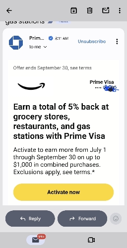 Visa prime 5% back at grocery, restaurant and gas stations