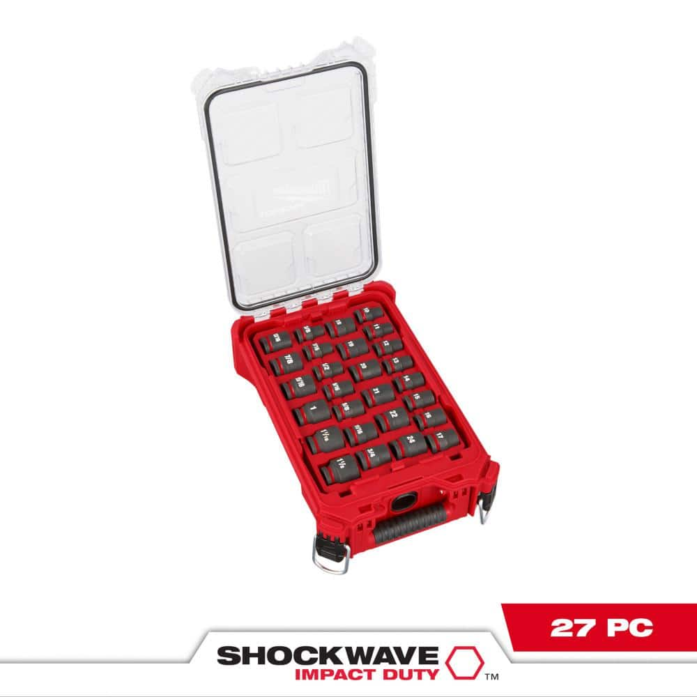 Milwaukee SHOCKWAVE Impact-Duty 1/2 in. Drive Metric and SAE Standard Impact PACKOUT Socket Set (27-Piece) 49-66-6804 - The Home Depot - with hack $80.44