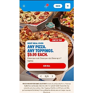 Dominos: Any pizza, any toppings $9.99 YMMV