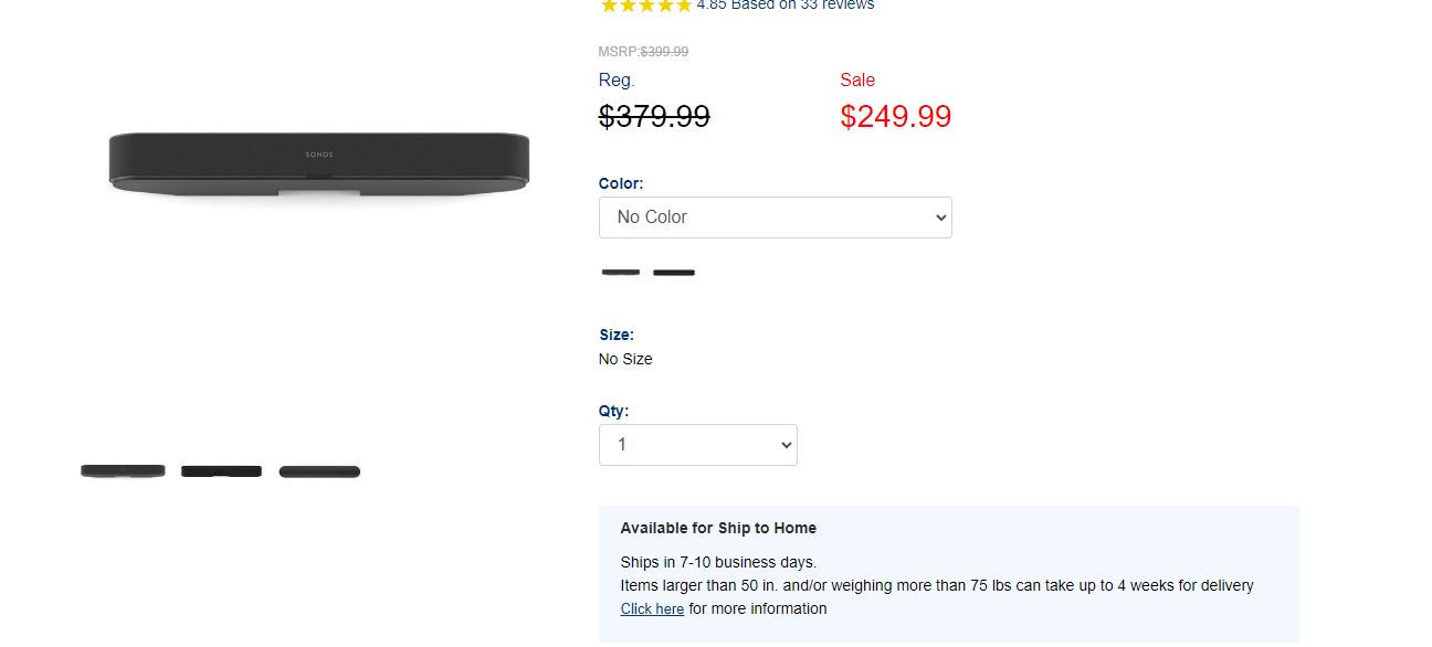 Sonos Beam (Gen 1) Soundbar - $250 (no tax, free shipping), Navy Exchange