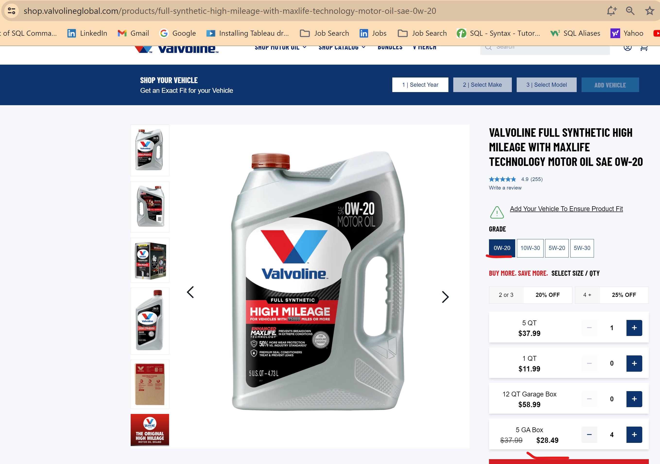 5 Gallons Valvoline Full Synthetic High Mileage with MaxLife Motor Oil - $37.99 for 1 28.99 Ea, for 4 (0W20, 5W20 & 5W30)