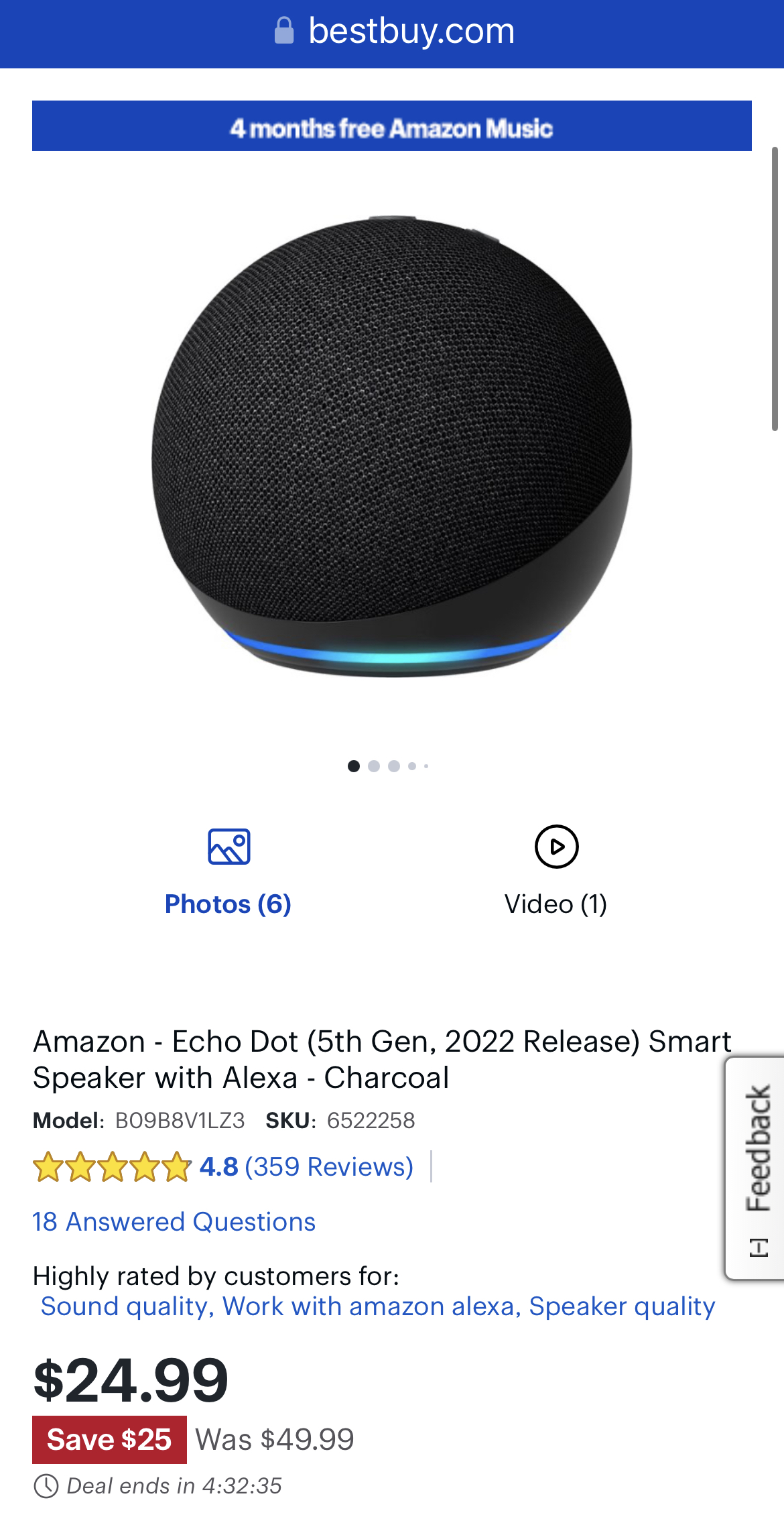 Amazon Echo Dot Smart Speaker Charcoal (5th Gen, 2022 Release)  With free 4 months Amazon Music. $24.99